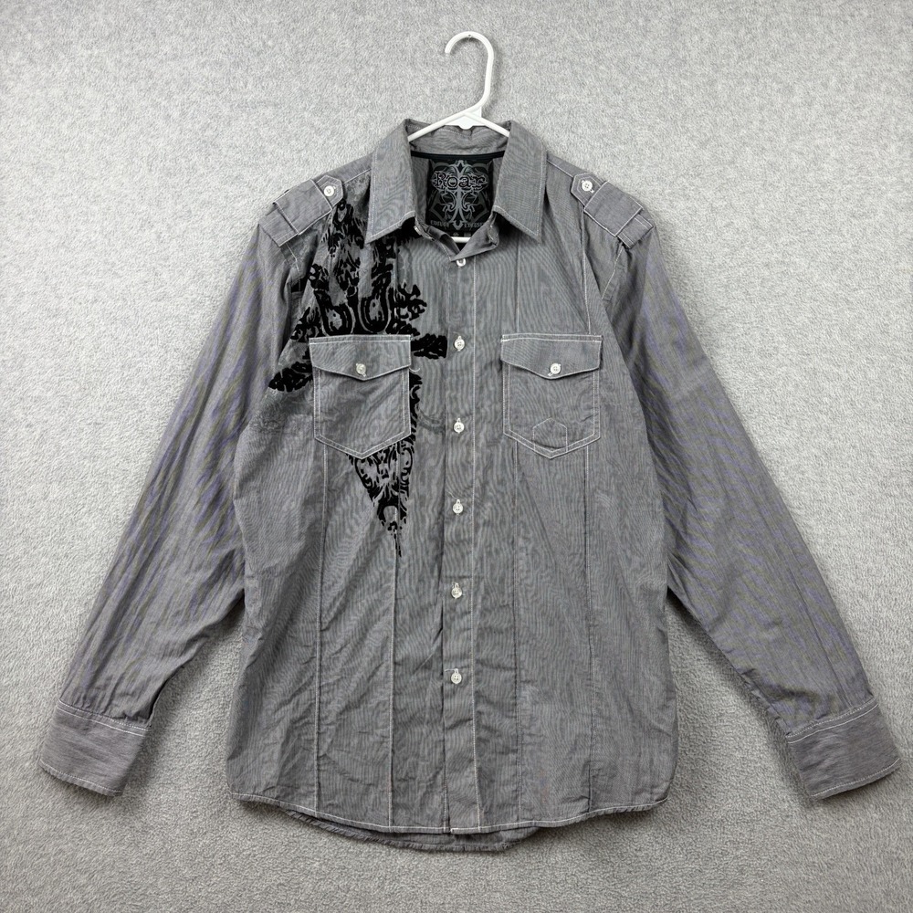 Roar Shirt Mens Small Gray Stripe Flocked Cross Y2K Cyber Grunge Button Up